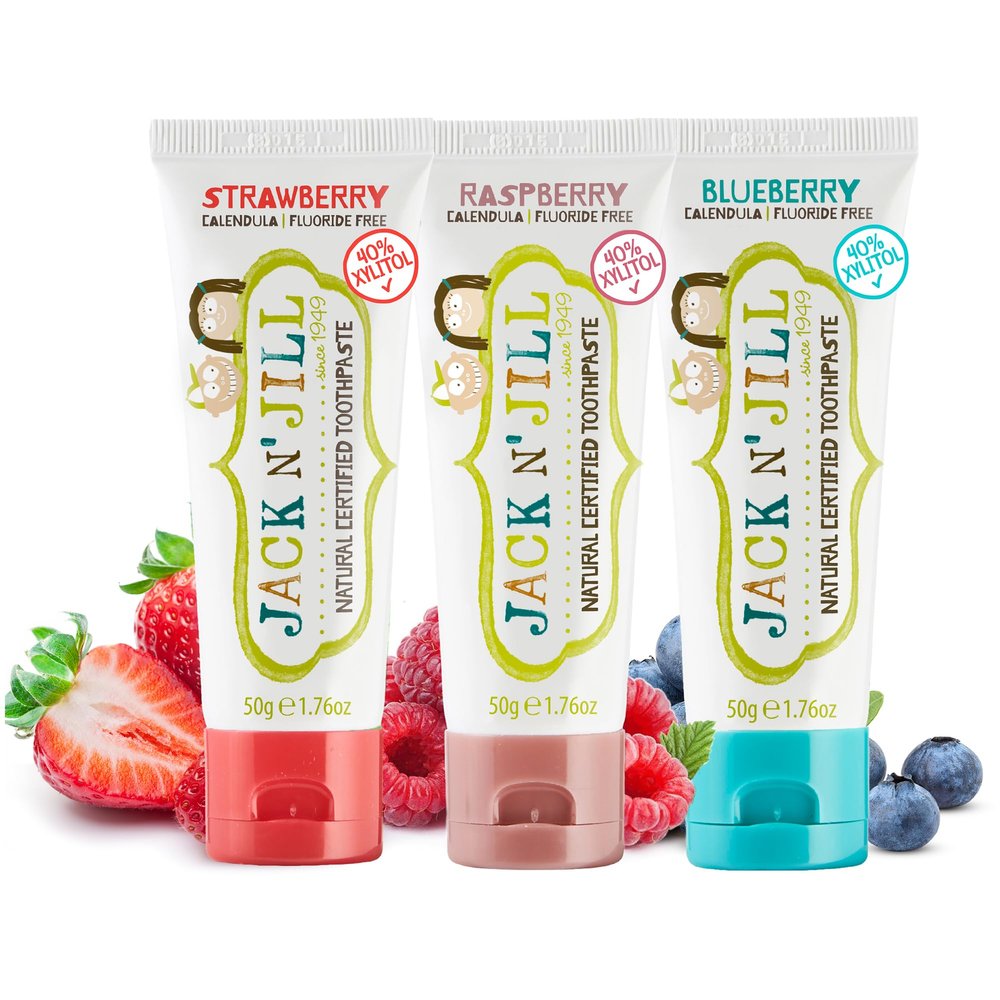 Jack N' Jill Natural Toddler Toothpaste - Fluoride Free Training Toothpaste for Toddlers 1-3, 40% Xylitol, BPA Free - 1.76 oz (Variety Pack of 3)