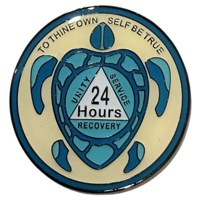 24 Hours Recovery Sea Turtle Medallion, AA Sobriety Token, Blue and Gold