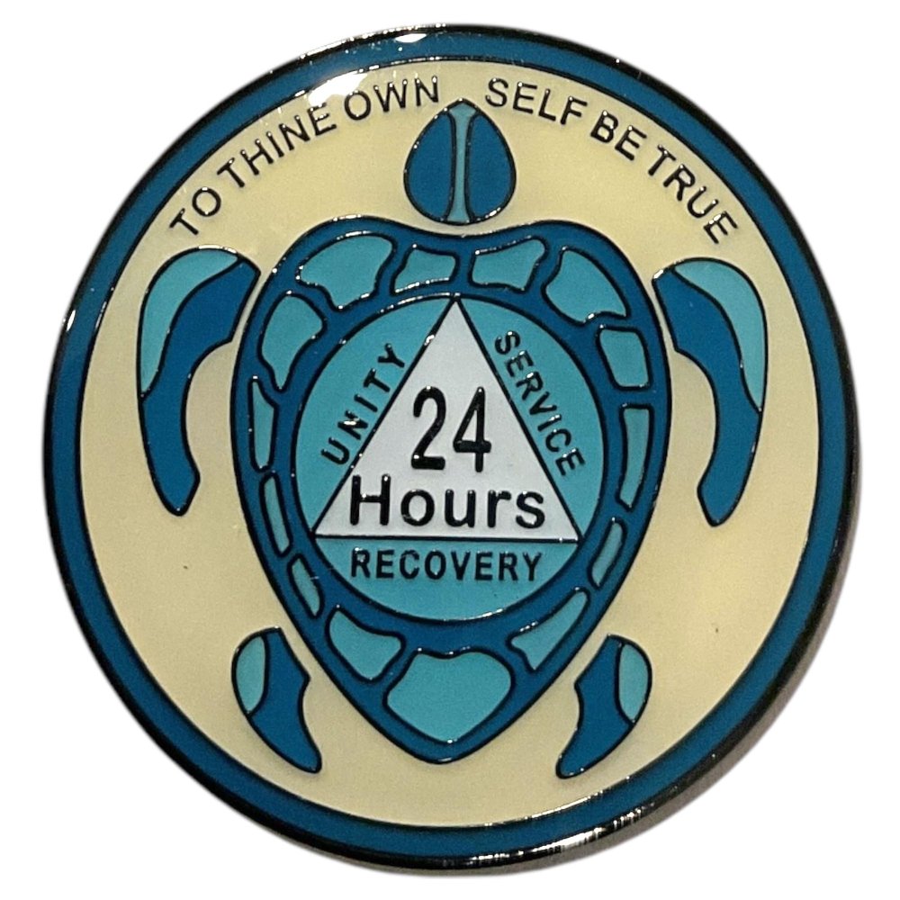 24 Hours Recovery Sea Turtle Medallion, AA Sobriety Token, Blue and Gold