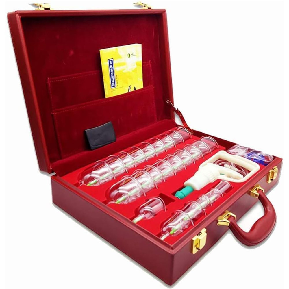 Xscxliny 24 Cups Vacuum Cupping Set Type C Chinese Traditional Therapy Cupping Device with Luxury Red Leather Carrying Box,A