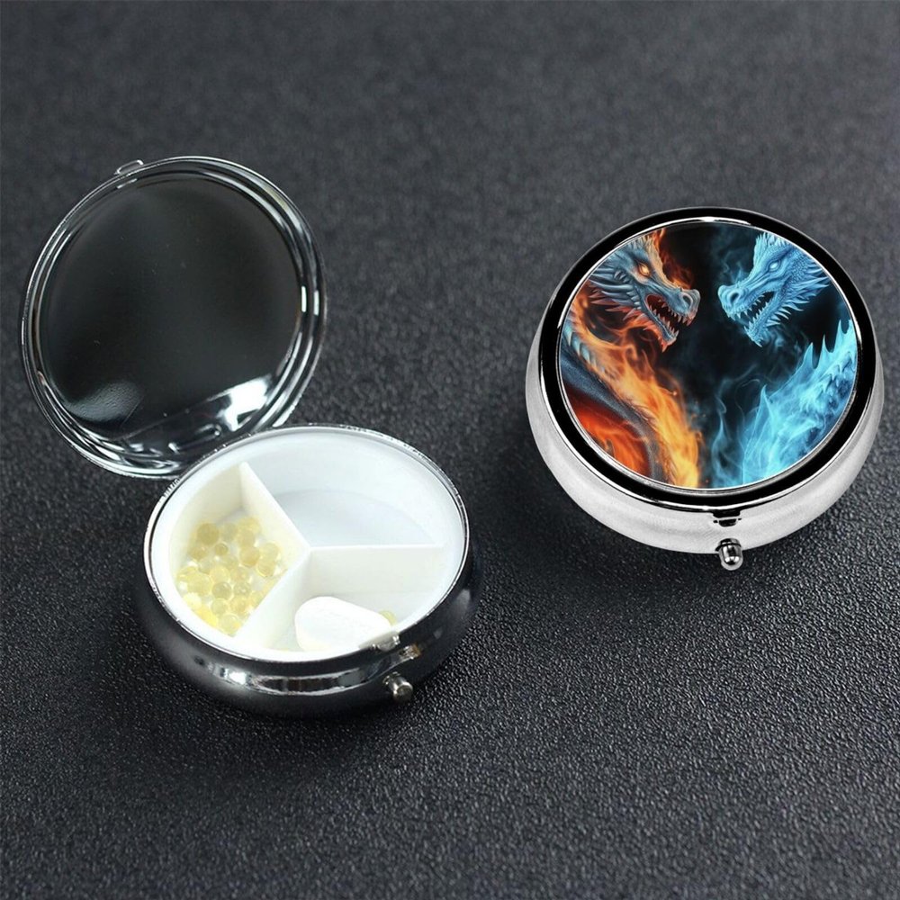 Ice and Fire Dragons Pill Box 3 Compartment Round Portable Pill Case for Pocket or Purse Pill Holder Weekly Pill Organizer Decorative Metal Medicine Vitamin Organizer Travel Gift