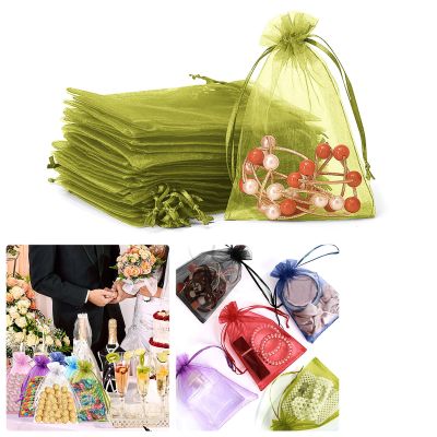 100 Pack Small Mesh Gift Bags,Jewelry Bags with Drawstring,Organza Mesh Bags For Gifts (Army Green, 10 * 15CM)