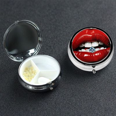 Red Lips with Diamond Pill Box 3 Compartment Round Portable Pill Case for Pocket or Purse Pill Holder Weekly Pill Organizer Decorative Metal Medicine Vitamin Organizer Travel Gift