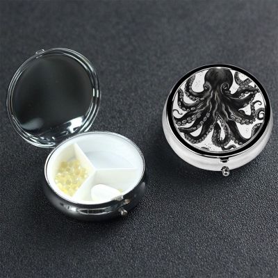 Classic Black Octopus Pill Box 3 Compartment Round Portable Pill Case for Pocket or Purse Pill Holder Weekly Pill Organizer Decorative Metal Medicine Vitamin Organizer Travel Gift