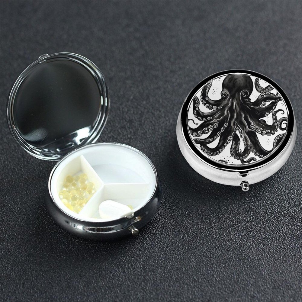 Classic Black Octopus Pill Box 3 Compartment Round Portable Pill Case for Pocket or Purse Pill Holder Weekly Pill Organizer Decorative Metal Medicine Vitamin Organizer Travel Gift