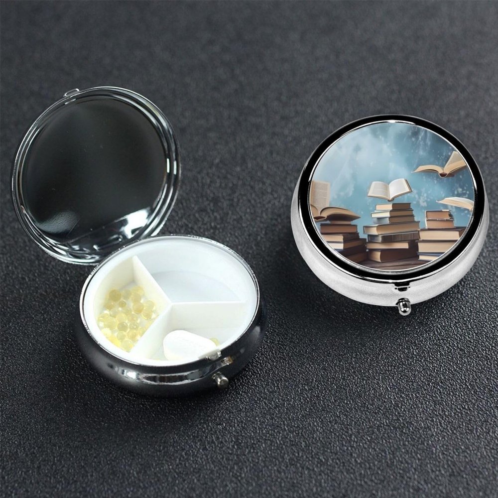 The Sky Pill Box 3 Compartment Round Portable Pill Case for Pocket or Purse Pill Holder Weekly Pill Organizer Decorative Metal Medicine Vitamin Organizer Travel Gift