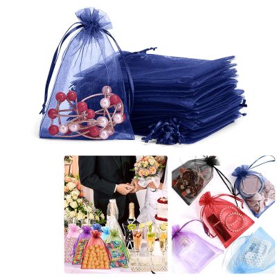 100 Pack Small Mesh Gift Bags,Jewelry Bags with Drawstring,Organza Mesh Bags For Gifts (Navy blue, 20 * 30CM)
