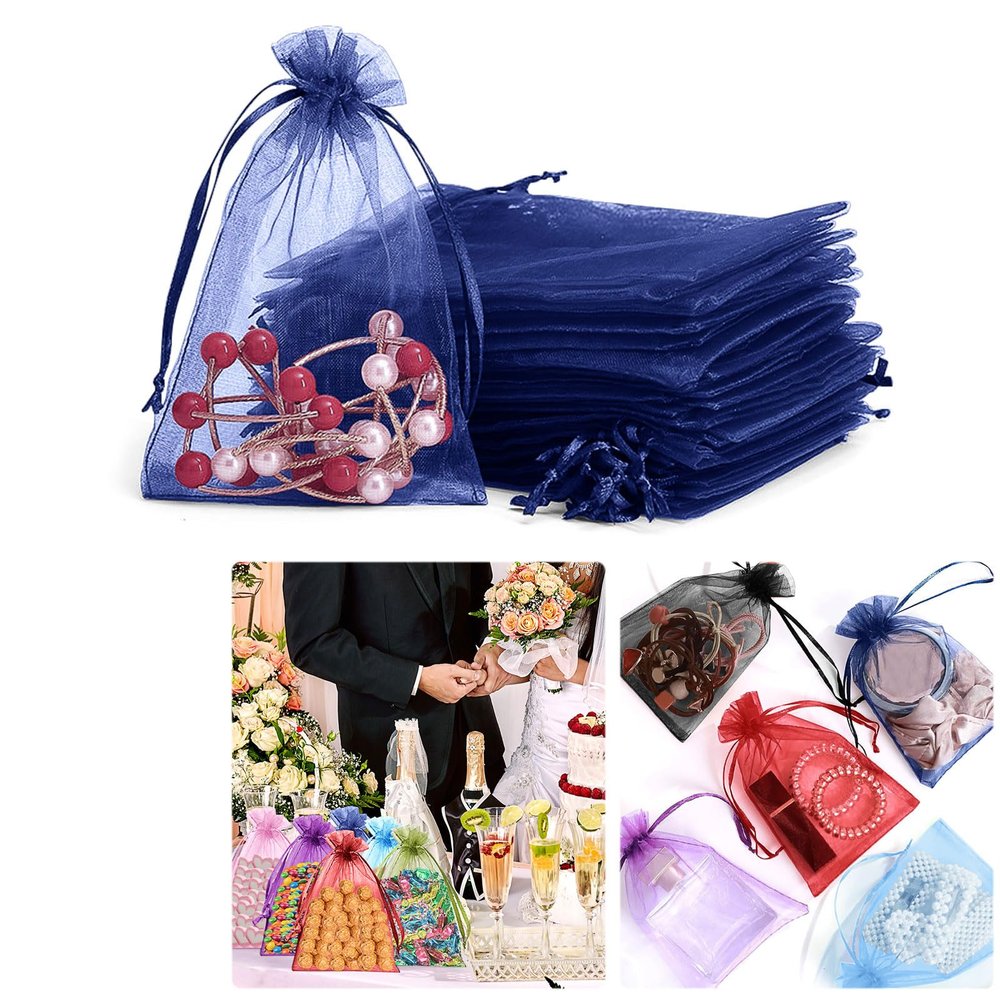 100 Pack Small Mesh Gift Bags,Jewelry Bags with Drawstring,Organza Mesh Bags For Gifts (Navy blue, 20 * 30CM)