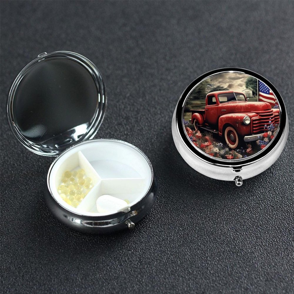 4th of July Patriotic Old Red Truck Pill Box 3 Compartment Round Portable Pill Case for Pocket or Purse Pill Holder Weekly Pill Organizer Decorative Metal Medicine Vitamin Organizer Travel Gift