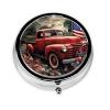 4th of July Patriotic Old Red Truck Pill Box 3 Compartment Round Portable Pill Case for Pocket or Purse Pill Holder Weekly Pill Organizer Decorative Metal Medicine Vitamin Organizer Travel Gift view 2