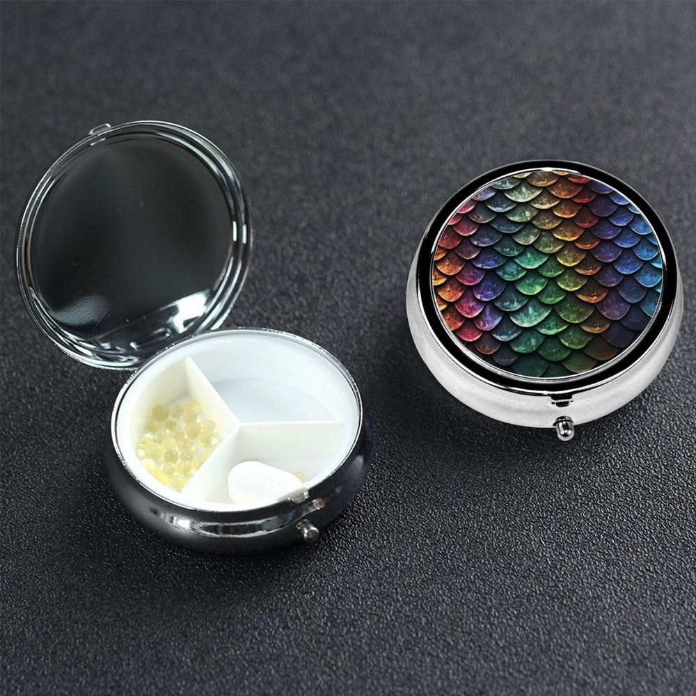 Dragon Scale Pill Box 3 Compartment Round Portable Pill Case for Pocket or Purse Pill Holder Weekly Pill Organizer Decorative Metal Medicine Vitamin Organizer Travel Gift
