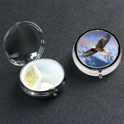Bald Eagle Flying Pill Box 3 Compartment Round Portable Pill Case for Pocket or Purse Pill Holder Weekly Pill Organizer Decorative Metal Medicine Vitamin Organizer Travel Gift