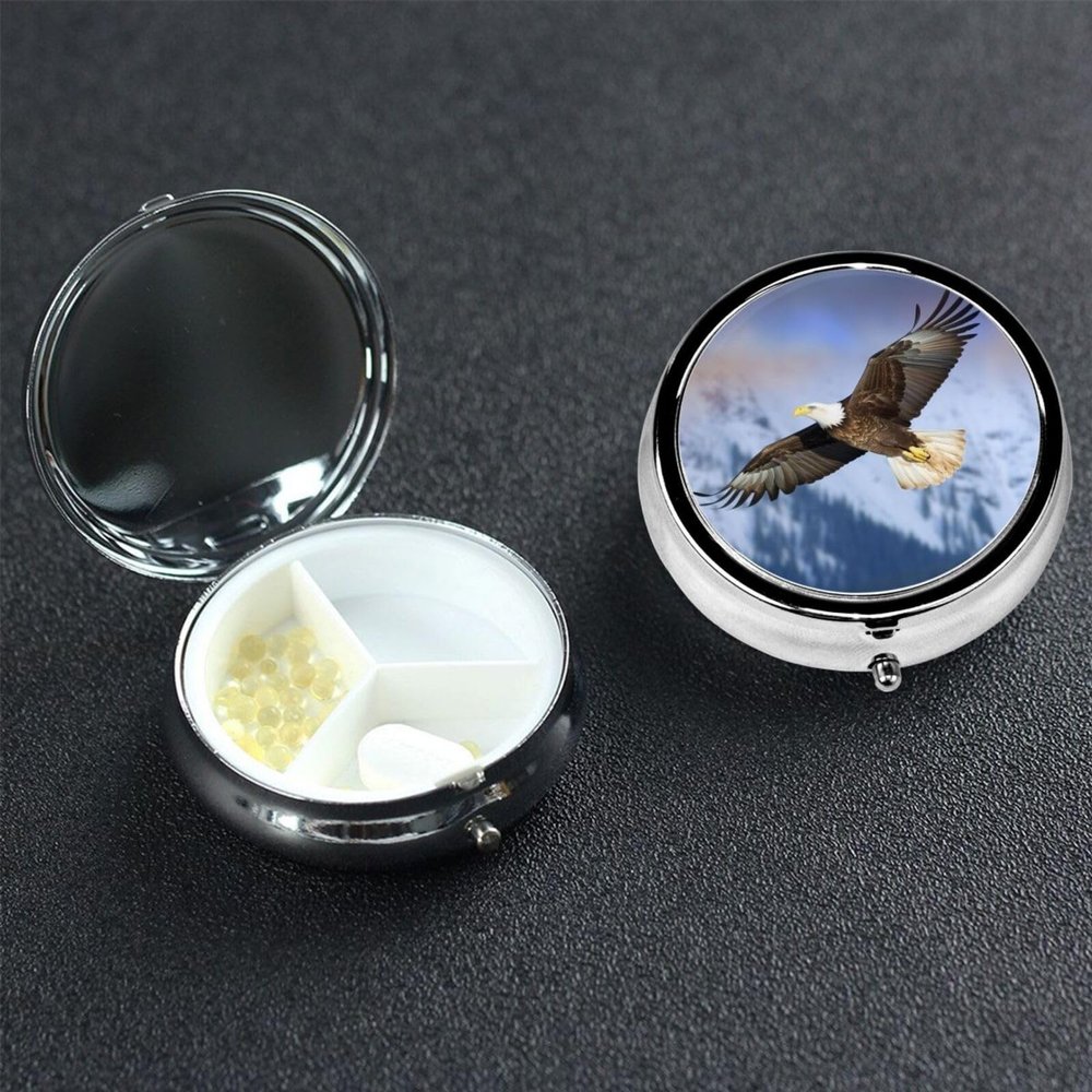 Bald Eagle Flying Pill Box 3 Compartment Round Portable Pill Case for Pocket or Purse Pill Holder Weekly Pill Organizer Decorative Metal Medicine Vitamin Organizer Travel Gift