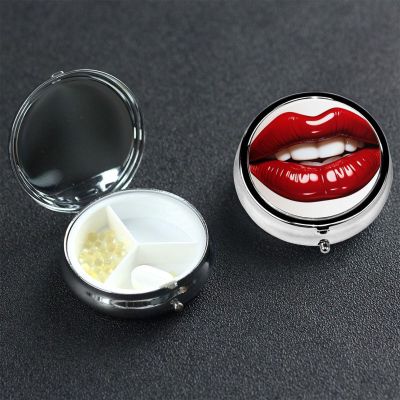 Cute Graphic Red Lips Pill Box 3 Compartment Round Portable Pill Case for Pocket or Purse Pill Holder Weekly Pill Organizer Decorative Metal Medicine Vitamin Organizer Travel Gift