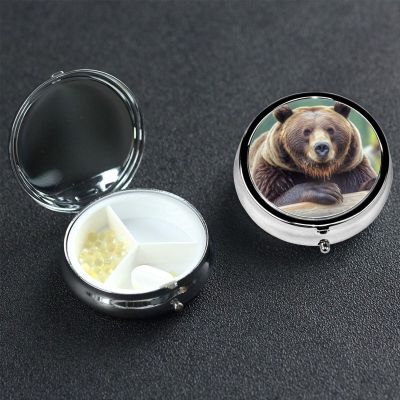Grizzly Bear Pill Box 3 Compartment Round Portable Pill Case for Pocket or Purse Pill Holder Weekly Pill Organizer Decorative Metal Medicine Vitamin Organizer Travel Gift