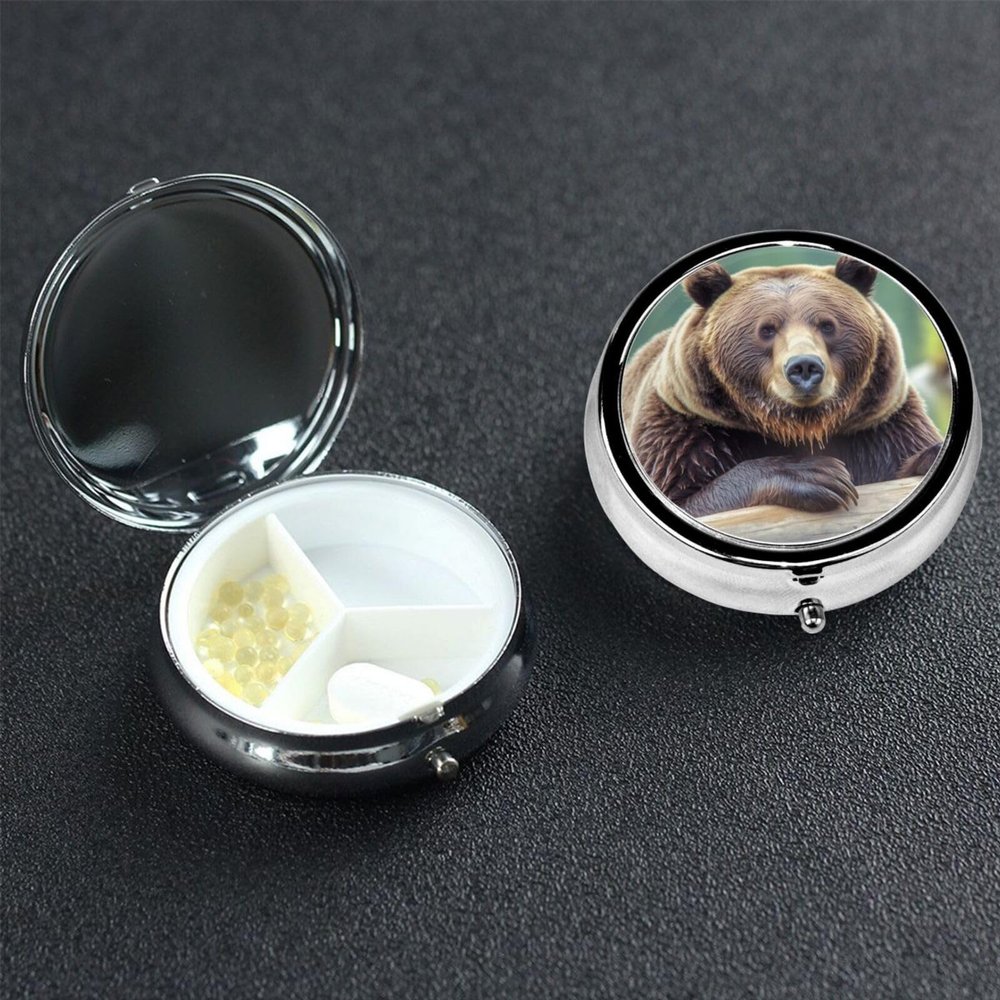 Grizzly Bear Pill Box 3 Compartment Round Portable Pill Case for Pocket or Purse Pill Holder Weekly Pill Organizer Decorative Metal Medicine Vitamin Organizer Travel Gift