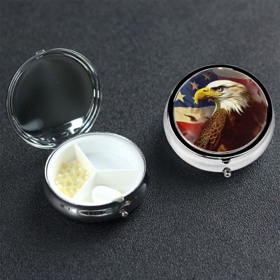American USA Flag Eagle Art Pill Box 3 Compartment Round Portable Pill Case for Pocket or Purse Pill Holder Weekly Pill Organizer Decorative Metal Medicine Vitamin Organizer Travel Gift