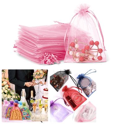 100 Pack Small Mesh Gift Bags,Jewelry Bags with Drawstring,Organza Mesh Bags For Gifts (Pink, 15 * 20CM)