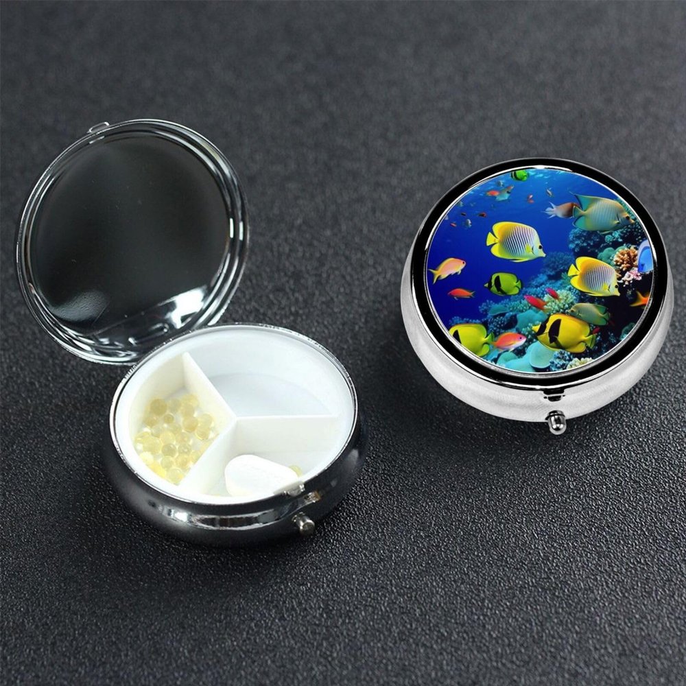 Tropical Ocean Sea Fish Pill Box 3 Compartment Round Portable Pill Case for Pocket or Purse Pill Holder Weekly Pill Organizer Decorative Metal Medicine Vitamin Organizer Travel Gift