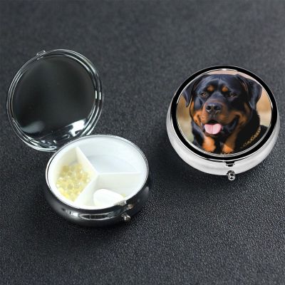 Rottweiler Dog Pill Box 3 Compartment Round Portable Pill Case for Pocket or Purse Pill Holder Weekly Pill Organizer Decorative Metal Medicine Vitamin Organizer Travel Gift