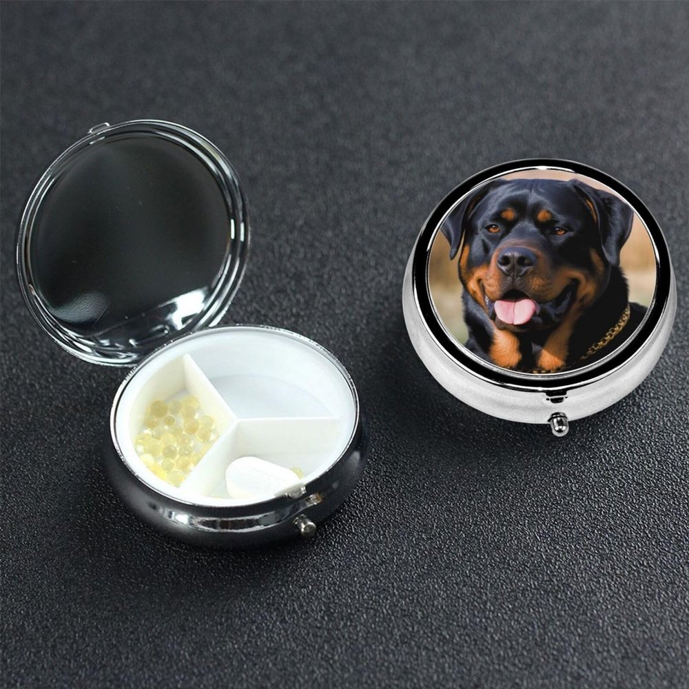 Rottweiler Dog Pill Box 3 Compartment Round Portable Pill Case for Pocket or Purse Pill Holder Weekly Pill Organizer Decorative Metal Medicine Vitamin Organizer Travel Gift