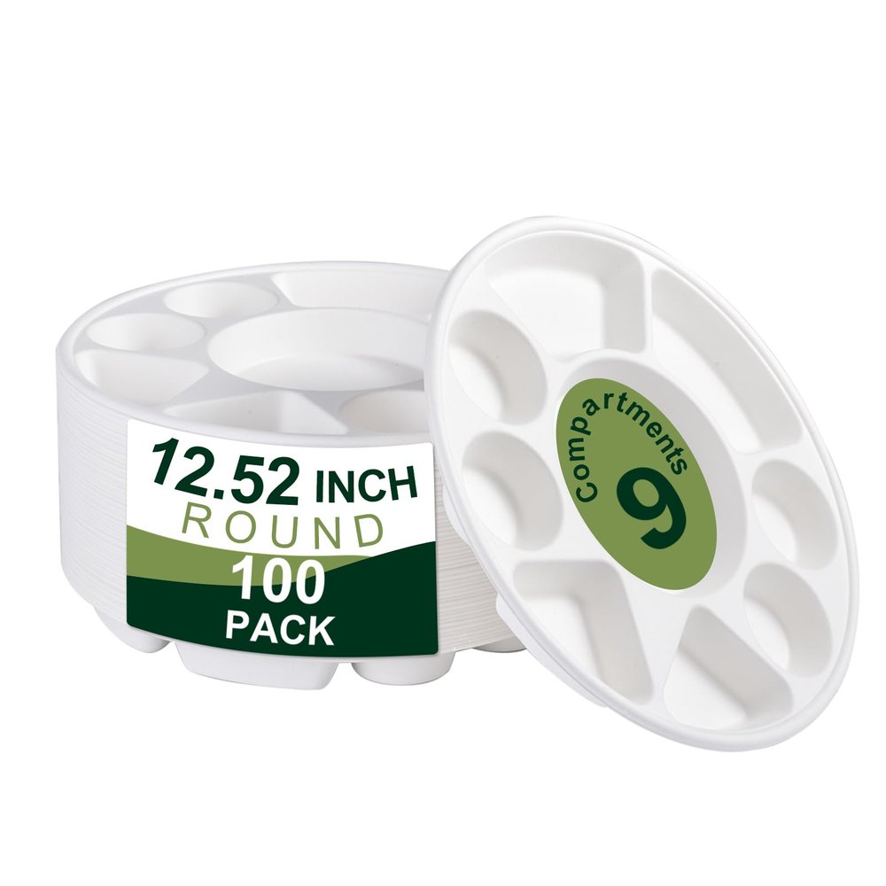 100 Pack 9 Compartment Divided Plates disposables- 12.5" Diameter, 1.18" Height, Friendly, Heavy Duty biodegradables Plates Made of Sugar Cane Fibers, for Party, Thali, Buffet