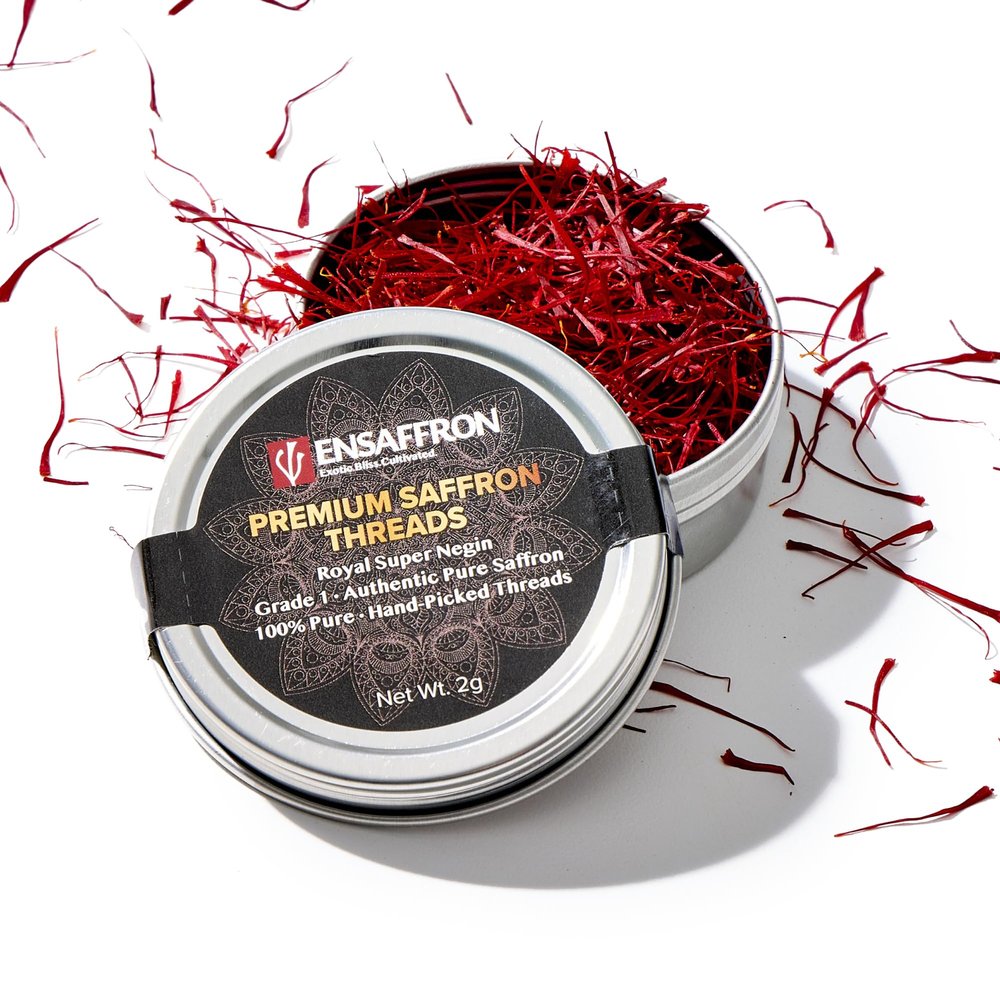EnSaffron 2 Gram Natural Premium Thick All Red Saffron Threads, Sunlight Processed Natural Saffron Grade A+ Super Negin Non-GMO Verified. For Tea, Paella, Rice, Desserts, Golden Milk and Risotto
