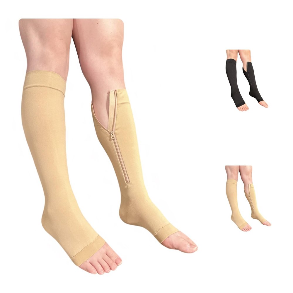 Ziperior Big Tall Open Toe Inside Leg Zipper 30-40 mmHg Compression Grade 3 Large Wide Calf Socks (Nude, 5X-Large)