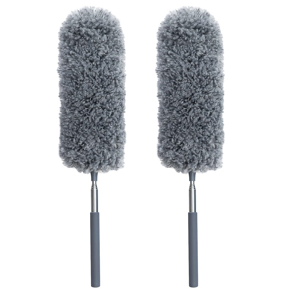 2 Pack Small Microfiber Feather Duster for Cleaning, Hand Washable Dusters with Extendable Pole, Cleaning Tools for Office, Car, Window, Furniture, Ceiling Fan