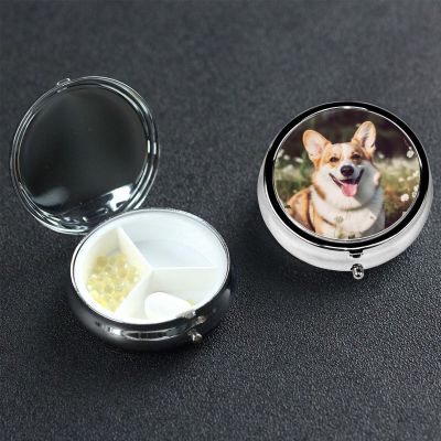 Happy Corgi Dog Pill Box 3 Compartment Round Portable Pill Case for Pocket or Purse Pill Holder Weekly Pill Organizer Decorative Metal Medicine Vitamin Organizer Travel Gift