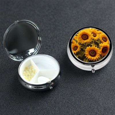 Sunflowers Pill Box 3 Compartment Round Portable Pill Case for Pocket or Purse Pill Holder Weekly Pill Organizer Decorative Metal Medicine Vitamin Organizer Travel Gift