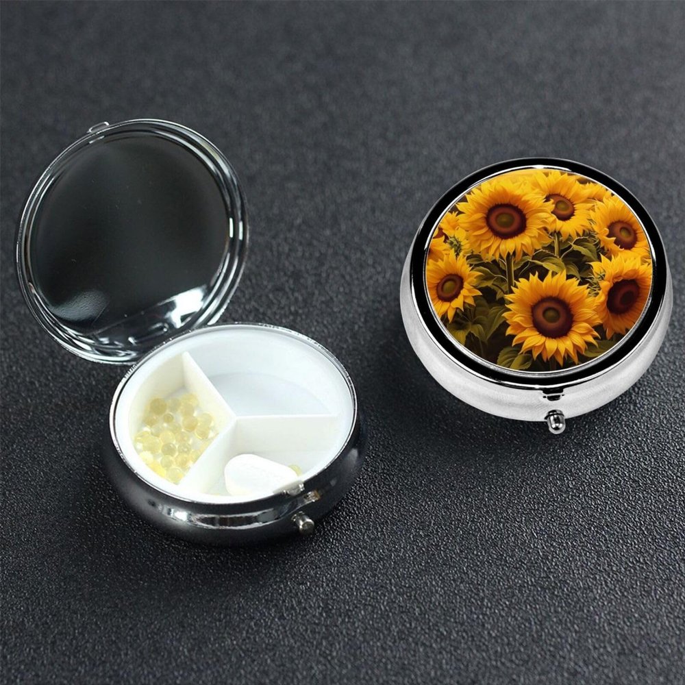 Sunflowers Pill Box 3 Compartment Round Portable Pill Case for Pocket or Purse Pill Holder Weekly Pill Organizer Decorative Metal Medicine Vitamin Organizer Travel Gift