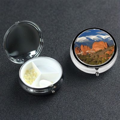Pikes Peak Colorado Pill Box 3 Compartment Round Portable Pill Case for Pocket or Purse Pill Holder Weekly Pill Organizer Decorative Metal Medicine Vitamin Organizer Travel Gift