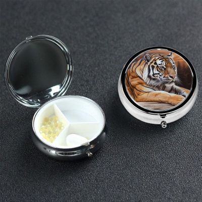 Tiger Lying on Wood Pill Box 3 Compartment Round Portable Pill Case for Pocket or Purse Pill Holder Weekly Pill Organizer Decorative Metal Medicine Vitamin Organizer Travel Gift