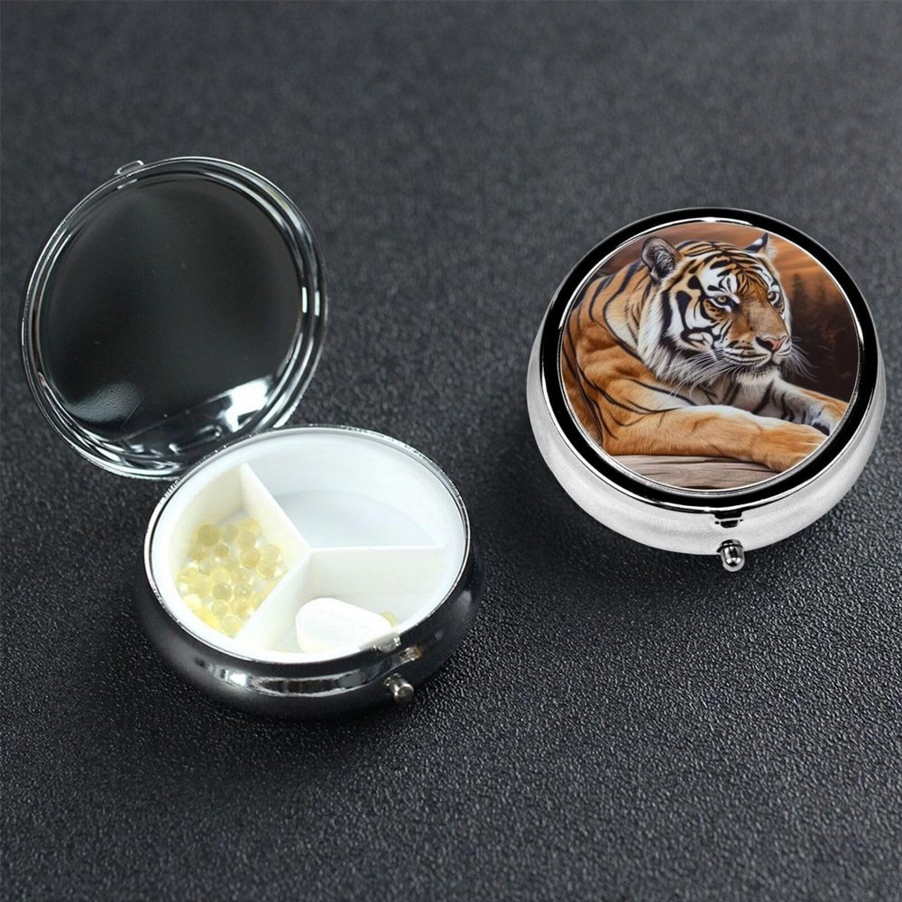Tiger Lying on Wood Pill Box 3 Compartment Round Portable Pill Case for Pocket or Purse Pill Holder Weekly Pill Organizer Decorative Metal Medicine Vitamin Organizer Travel Gift
