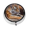 Tiger Lying on Wood Pill Box 3 Compartment Round Portable Pill Case for Pocket or Purse Pill Holder Weekly Pill Organizer Decorative Metal Medicine Vitamin Organizer Travel Gift view 2