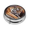 Tiger Lying on Wood Pill Box 3 Compartment Round Portable Pill Case for Pocket or Purse Pill Holder Weekly Pill Organizer Decorative Metal Medicine Vitamin Organizer Travel Gift view 3
