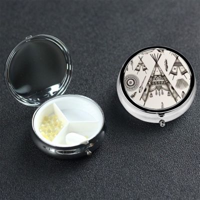 Feather Head Band Teepee Tent Pill Box 3 Compartment Round Portable Pill Case for Pocket or Purse Pill Holder Weekly Pill Organizer Decorative Metal Medicine Vitamin Organizer Travel Gift