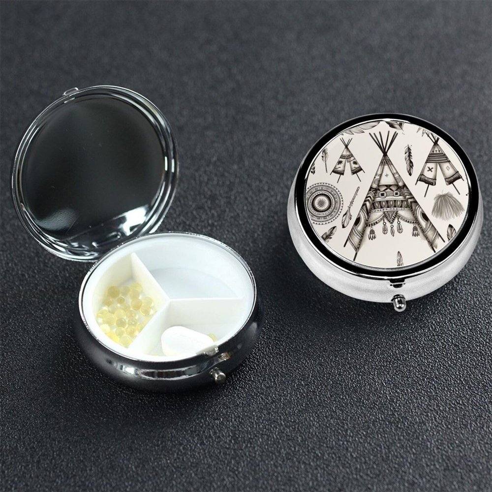 Feather Head Band Teepee Tent Pill Box 3 Compartment Round Portable Pill Case for Pocket or Purse Pill Holder Weekly Pill Organizer Decorative Metal Medicine Vitamin Organizer Travel Gift