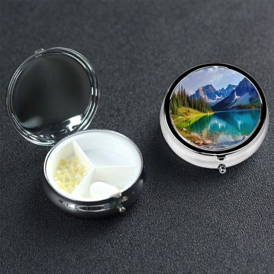 Lake Mountain Landscape Pill Box 3 Compartment Round Portable Pill Case for Pocket or Purse Pill Holder Weekly Pill Organizer Decorative Metal Medicine Vitamin Organizer Travel Gift