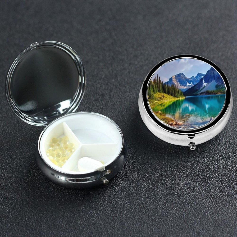Lake Mountain Landscape Pill Box 3 Compartment Round Portable Pill Case for Pocket or Purse Pill Holder Weekly Pill Organizer Decorative Metal Medicine Vitamin Organizer Travel Gift