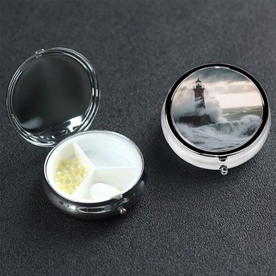 Lighthouse in Storm Pill Box 3 Compartment Round Portable Pill Case for Pocket or Purse Pill Holder Weekly Pill Organizer Decorative Metal Medicine Vitamin Organizer Travel Gift