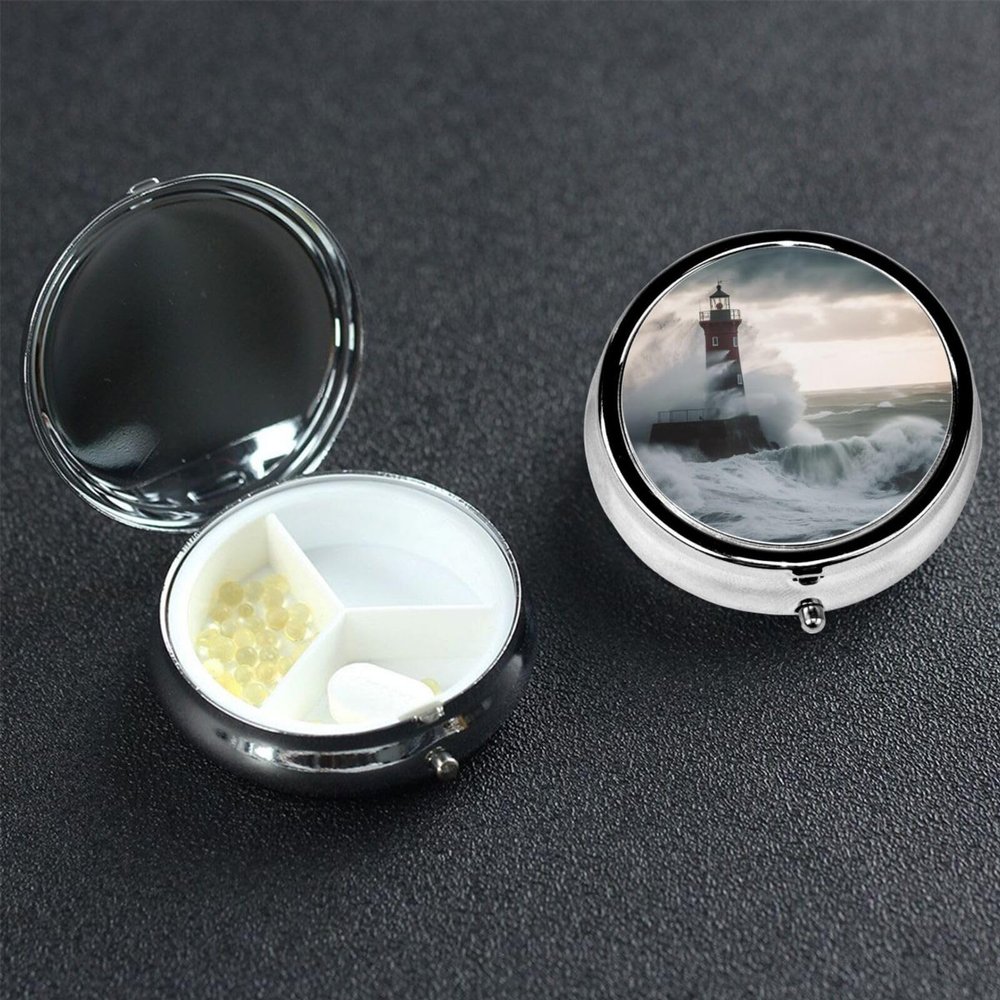 Lighthouse in Storm Pill Box 3 Compartment Round Portable Pill Case for Pocket or Purse Pill Holder Weekly Pill Organizer Decorative Metal Medicine Vitamin Organizer Travel Gift
