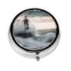 Lighthouse in Storm Pill Box 3 Compartment Round Portable Pill Case for Pocket or Purse Pill Holder Weekly Pill Organizer Decorative Metal Medicine Vitamin Organizer Travel Gift view 2