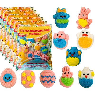 Easter Marshmallow Gummies - 10 Fun Designs, 6-Pack, Total 60 Individually Wrapped Gummies - Gluten-Free & Dairy-Free, Perfect for Egg Hunts