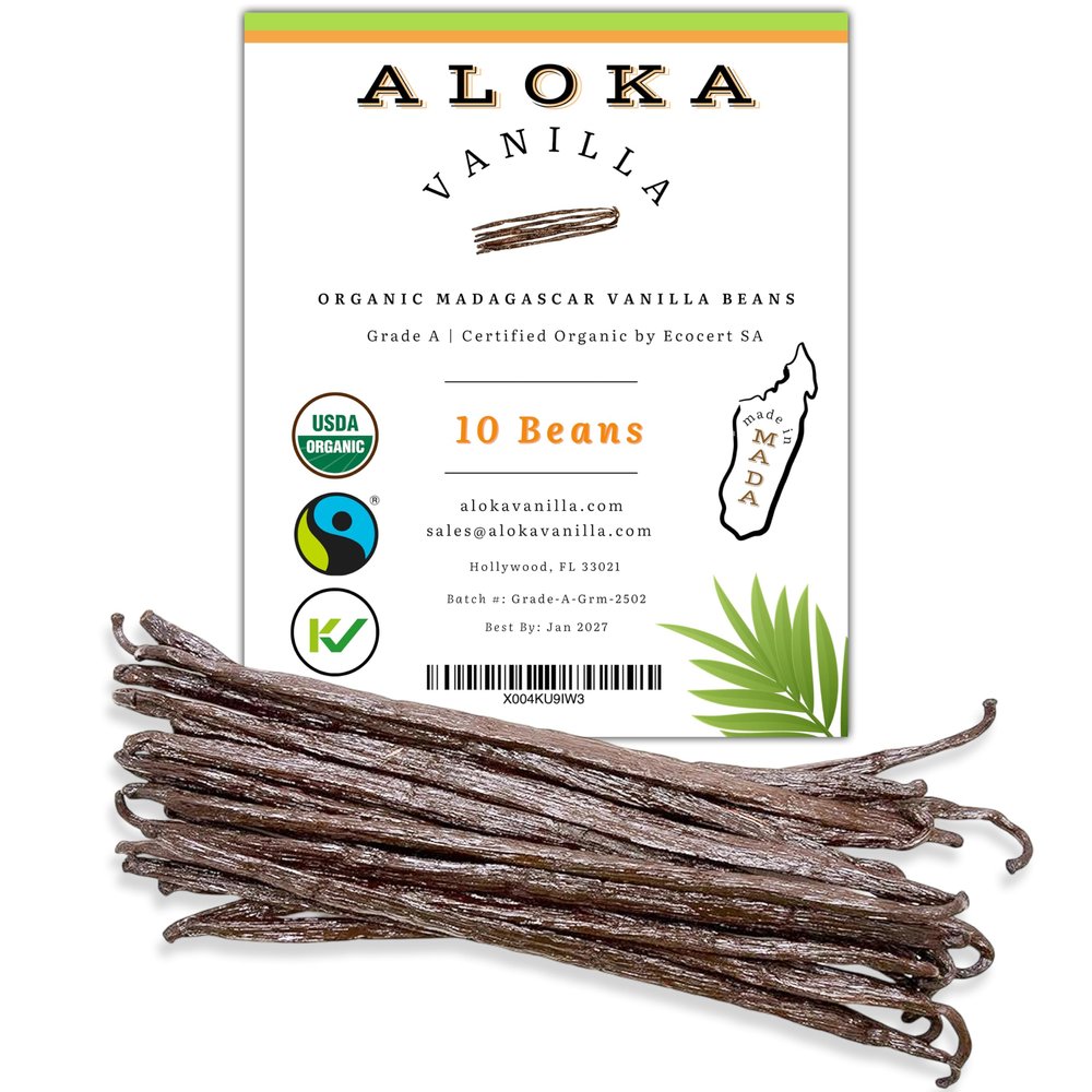 10 Count Organic Madagascar Vanilla Beans Grade A Bourbon Pods | Gourmet Whole Vanilla Beans for Baking, Cooking, Extract Making | Rich Aroma, Premium Flavor, Non-GMO, Vegan