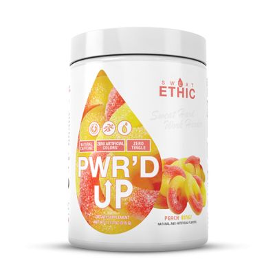 Sweat Ethic PWRD UP Pre Workout, Natural Caffeine, No Beta Alanine, Zero Tingle, Supports Training & Performance, Easy Mix Powder for Preworkout Energy, Peach Rings Flavor, 50 Servings
