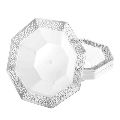 14oz Silver Plastic Bowl Octagon Design - Elegant Disposable Serving Bowl for Weddings, Parties, and Special Events - Durable, Stylish, Reusable Tableware - Perfect for Catering and Buffets (120)