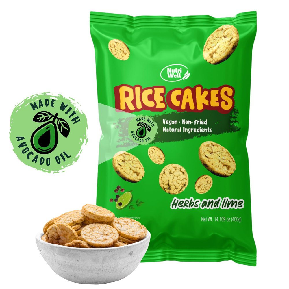 Nutriwell Air-Puffed Rice Cakes with Herb & Lime, Family Size Crispy Popped Rice Snack, Gluten Free, Avocado Oil, Light & Crispy, 130 Cal (14 Servings)