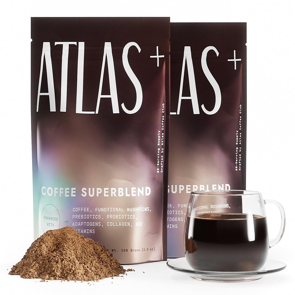 Atlas+ Mushroom Coffee Superblend Premium Coffee with Collagen, Probiotics, D3 & B12, Lions Mane, Reishi, Cordyceps for Energy, Focus, Immunity & Gut Health 56 Servings (2 Bags)